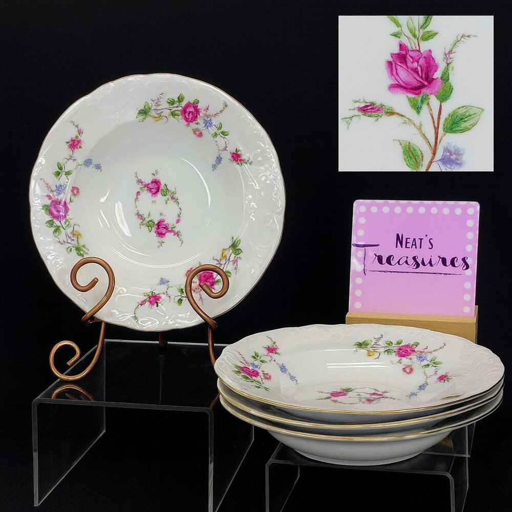 Royal Kent POLAND RKT3 Bavarian Rose Gold Trim Scallop China Rim Soup Bowl Set 4